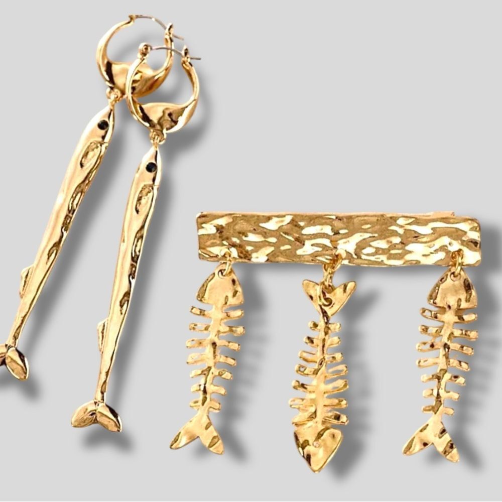 Free People BUNDLE Carter Fish Earrings & Fish Outta Water Brooch NWT Gold